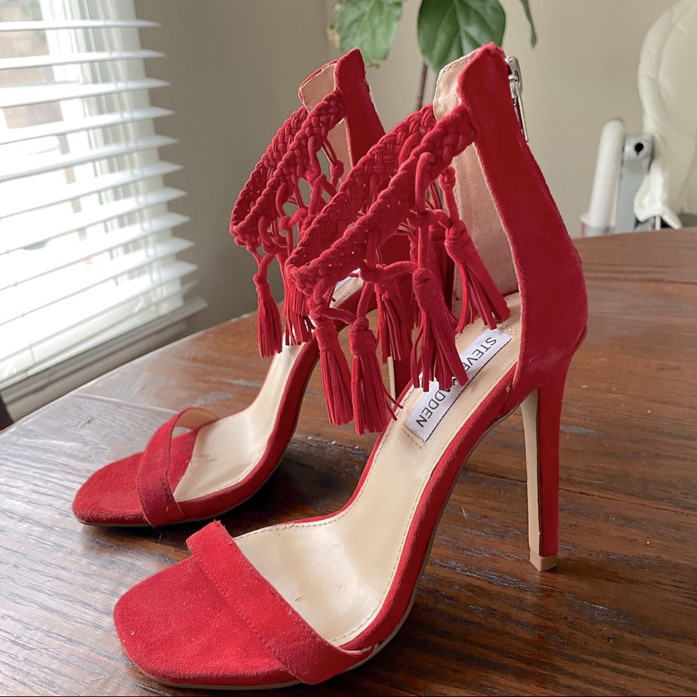 Red Steve Madden heels with fringe